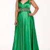 Formal Gowns Rachel Allan Curves - 6681 Beaded V-neck Stretch Satin A-line Dress