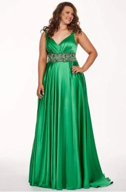 Formal Gowns Rachel Allan Curves - 6681 Beaded V-neck Stretch Satin A-line Dress