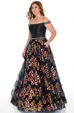 Rachel Allan Curves - 7218 Jeweled Off Shoulder Sequin Tulle Gown Formal Gowns