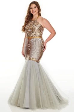 Rachel Allan Curves - 7240 Halter Sequin And Beads Trumpet Dress