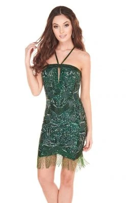Rachel Allan Homecoming - 4010 Sequined Halter Fringe Cocktail Dress