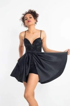 Rachel Allan LBD - L1207 Beaded Sweetheart Romper With Satin Overskirt Cocktail Dresses
