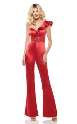 Rachel Allan LBD - L1238 Embellished Ruffled One Shoulder Jumpsuit