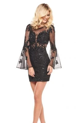 Rachel Allan LBD - L1245 Bedazzled Long Sleeve Sheath Cocktail Dress
