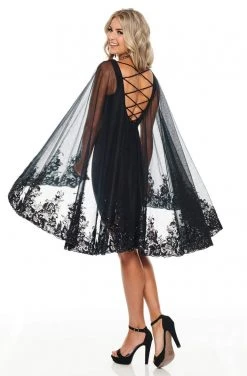 Rachel Allan LBD - L1277 Embroidered V-Neck Dress With Cape Overlay