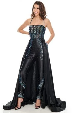 Formal Gowns Rachel Allan Prom - 7012 Embellished Halter Jumpsuit With Overlay