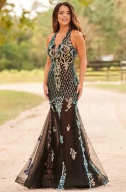 Formal Gowns Rachel Allan Prom - 7035 Sequined Plunging Halter Trumpet Dress 14 Formal Gowns Rachel Allan Prom - 7035 Sequined Plunging Halter Trumpet Dress