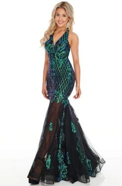 Formal Gowns Rachel Allan Prom - 7035 Sequined Plunging Halter Trumpet Dress