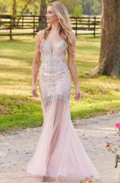 Formal Gowns Rachel Allan Prom - 7126 Beaded Deep V-Neck Tulle Trumpet Dress