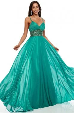 Formal Gowns Rachel Allan Prom - 7182 Beaded Midriff Metallic Chiffon Gown