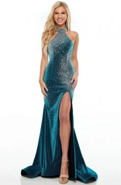 Formal Gowns Rachel Allan Prom - 7197 Halter Shimmer Jersey High Slit Gown 9 Formal Gowns Rachel Allan Prom - 7197 Halter Shimmer Jersey High Slit Gown