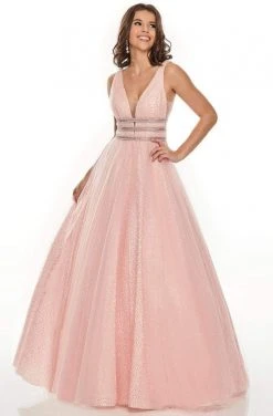 Formal Gowns Rachel Allan Prom - 7201 Plunging Bead-Banded Midriff Tulle Gown