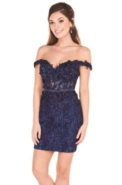 Rachel Allan Shorts - 4065 Off-Shoulder Floral Short Sheath Dress