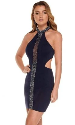 Rachel Allan - Strappy High Halter Cocktail Dress 30000 - 2 Pcs Navy/Rose Gold/Silver In Size 4 And 12 Available Cocktail Dresses