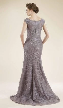 Formal Gowns Rina Di Montella - Lace Applique Scalloped Bateau Trumpet Dress RD1919 - 1 Pc Pewter In Size 10 Available