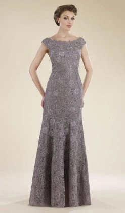 Formal Gowns Rina Di Montella - Lace Applique Scalloped Bateau Trumpet Dress RD1919 - 1 Pc Pewter In Size 10 Available