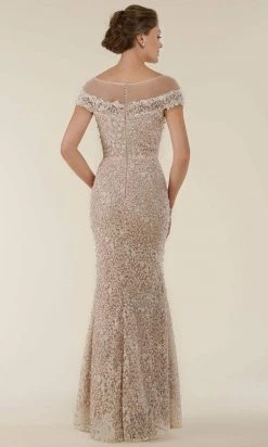 Rina Di Montella - RD2403-1 Lace Applique Illusion Bateau Sheath Gown - 3 Pcs Silver & Nude In Sizes 18 And 20 Available