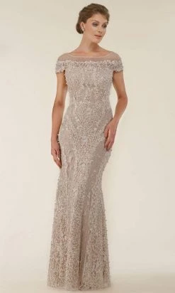 Rina Di Montella - RD2403-1 Lace Applique Illusion Bateau Sheath Gown - 3 Pcs Silver & Nude In Sizes 18 And 20 Available