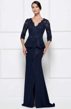Formal Gowns Rina Di Montella - RD2685 Lace Embroidered V-neck Bodice Sheath Dress With Slit