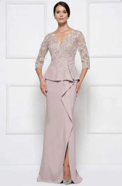 Formal Gowns Rina Di Montella - RD2685 Lace Embroidered V-neck Bodice Sheath Dress With Slit 8 Formal Gowns Rina Di Montella - RD2685 Lace Embroidered V-neck Bodice Sheath Dress With Slit