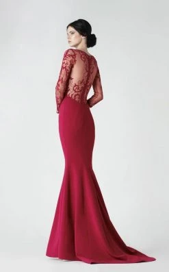 Saiid Kobeisy - 2918 Sheer Long Sleeve Mermaid Evening Gown - 1 Pc Carmine In Size 4 Available