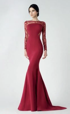 Saiid Kobeisy - 2918 Sheer Long Sleeve Mermaid Evening Gown - 1 Pc Carmine In Size 4 Available