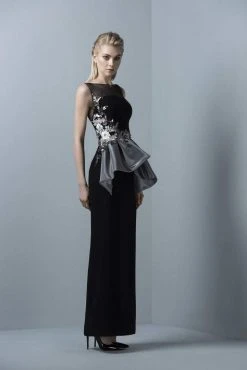 Formal Gowns Saiid Kobeisy - 3378 Floral Applique Sheer Bateau Column Dress