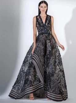 Formal Gowns Saiid Kobeisy - 3420 Embellished Floral Applique V-neck Ballgown