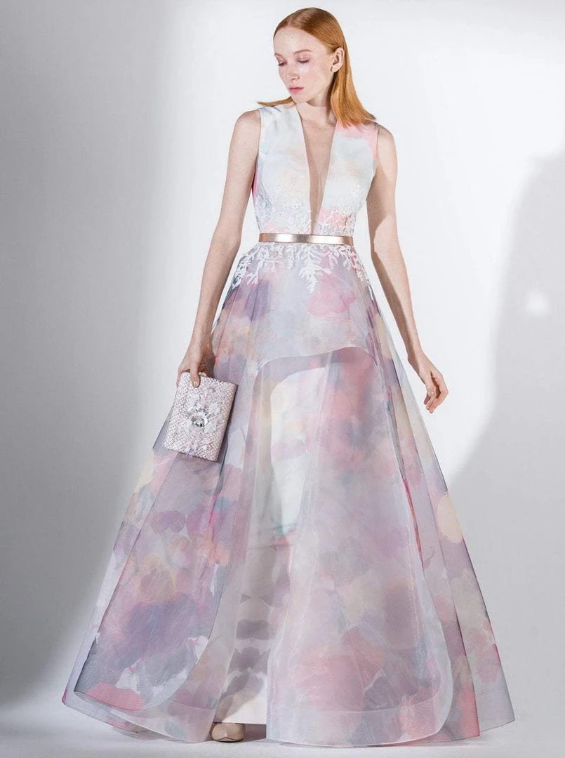 Saiid Kobeisy - 3427 Multi-Colored Tulle Deep V-neck A-line Dress 3 Saiid Kobeisy - 3427 Multi-Colored Tulle Deep V-neck A-line Dress