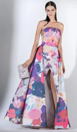 Formal Gowns Saiid Kobeisy - 3428 Multi-Colored Brocade A-line Dress With Slit