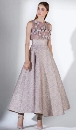 Formal Gowns Saiid Kobeisy - 3450 Floral Appliqued Crop Top Metallic Dress