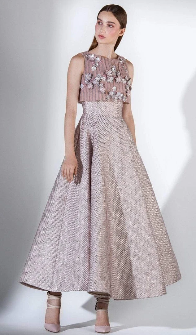 Formal Gowns Saiid Kobeisy - 3450 Floral Appliqued Crop Top Metallic Dress 3 Formal Gowns Saiid Kobeisy - 3450 Floral Appliqued Crop Top Metallic Dress