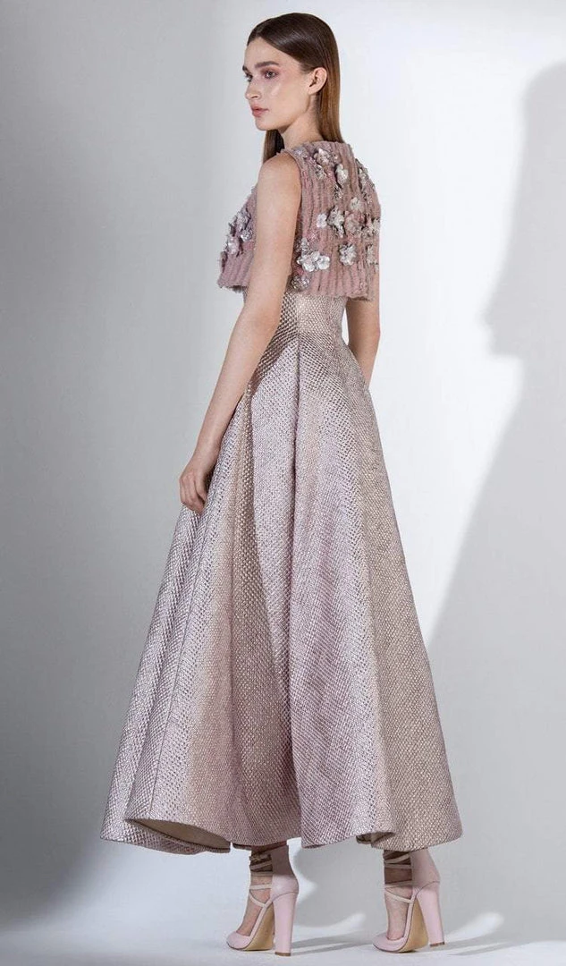 Formal Gowns Saiid Kobeisy - 3450 Floral Appliqued Crop Top Metallic Dress 4 Formal Gowns Saiid Kobeisy - 3450 Floral Appliqued Crop Top Metallic Dress