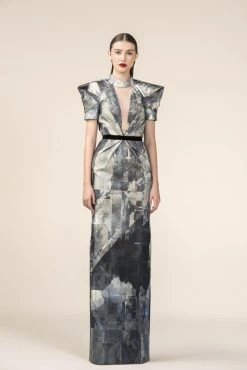 Formal Gowns Saiid Kobeisy - RE3568 Origami-Inspired Plunging Keyhole Printed Gown