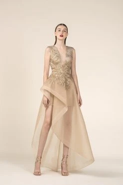 Saiid Kobeisy - RE3575 Sheer Gold Brocade A-Line High Low Gown Formal Gowns