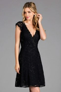 Scala - 48875 Beaded Lace V-neck A-line Dress Cocktail Dresses
