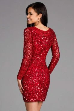 Cocktail Dresses Scala - 48884 Bedazzled Long Sleeve Bateau Sheath Dress