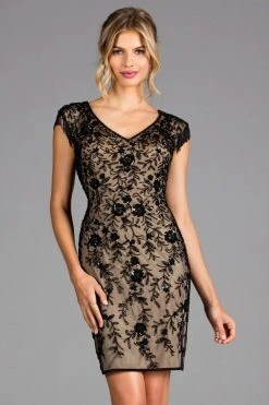 Scala - 48908 Bead Fringed Cap Sleeve Ornate Sheath Dress