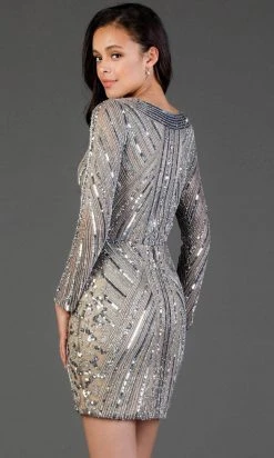 SCALA - Sequined Long Sleeve V-neck Sheath Dress 60056 - 1 Pc Lead/Sil In Size 12 Available Cocktail Dresses