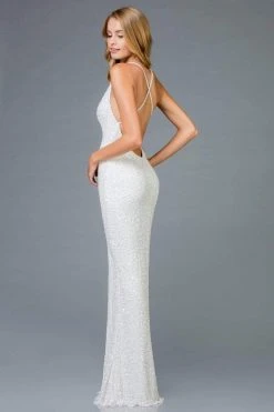 Formal Gowns SCALA - Sequined Plunging Halter V-neck Sheath Dress 48949