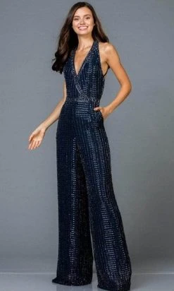 SCALA - V-Neck Lattice Jumpsuit 48941 - 1 Pc Midnight Blue In Size 2 Available