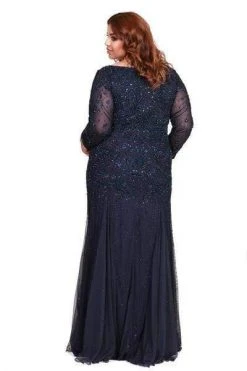 Shail K - Bedazzled Long Sleeve V-neck Trumpet Dress 12162W - 1 Pc Navy In Size 18W Available Formal Gowns