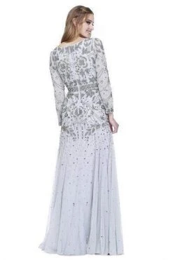 Shail K - Bedazzled Long Sleeve V-neck Trumpet Dress 12162W - 1 Pc Navy In Size 18W Available Formal Gowns