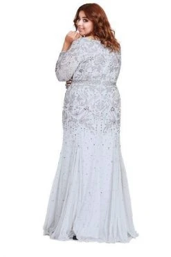 Shail K - Bedazzled Long Sleeve V-neck Trumpet Dress 12162W - 1 Pc Navy In Size 18W Available Formal Gowns