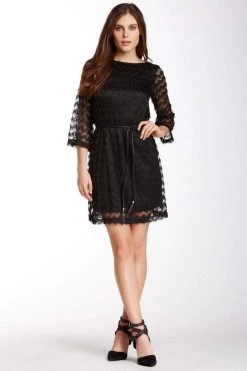 Formal Gowns Sharagano - 4W4F164G5 Zigzag Textured Lace Sleeve Dress