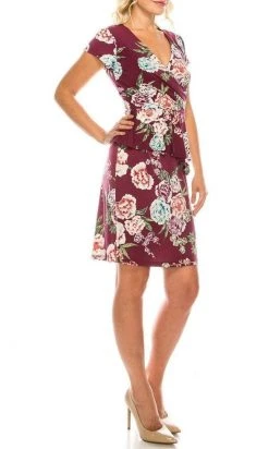 Shelby & Palmer - 4215 Textured Floral Printed Surplice Peplum Dress