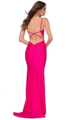 La Femme - Open Back Ruched Long Dress 29966 - 2 Pc In Neon Pink Available