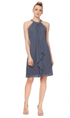 SLNY - Bead-Braided Halter Chiffon Dress 411105