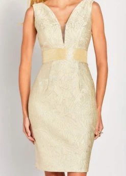 Social Occasions By Mon Cheri - 119831 Plunging V-Neck Metallic Brocade Cocktail Dress Dress - 1 Pc. Platinum In Size 16 Available