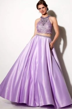 Studio 17 - 12643 Two-piece Bead And Lace Embellished Halter Neck Satin Ball Gown Formal Gowns